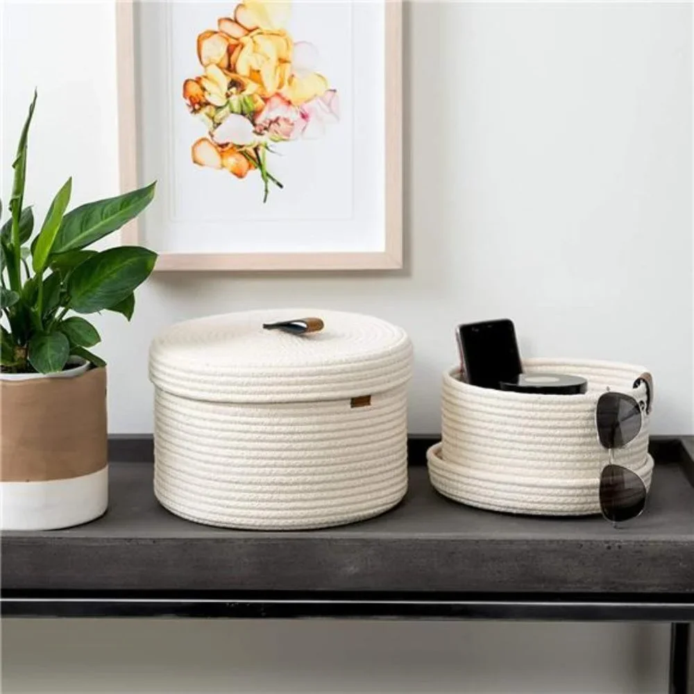 Set of 2 Decorative Baskets with Lids for Organizing - Natural Cotton Rope